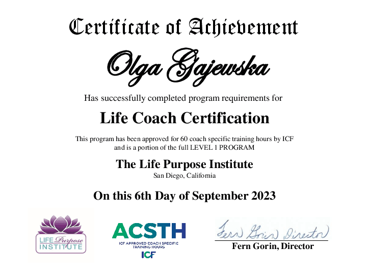 Olga Gajewska Coach Certificate